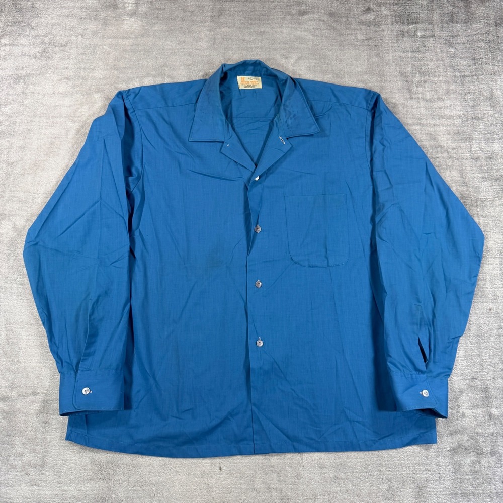 Perma Prest Shirt Men Large Blue Vintage 1960s Camp Collar Long Sleeve Button Up